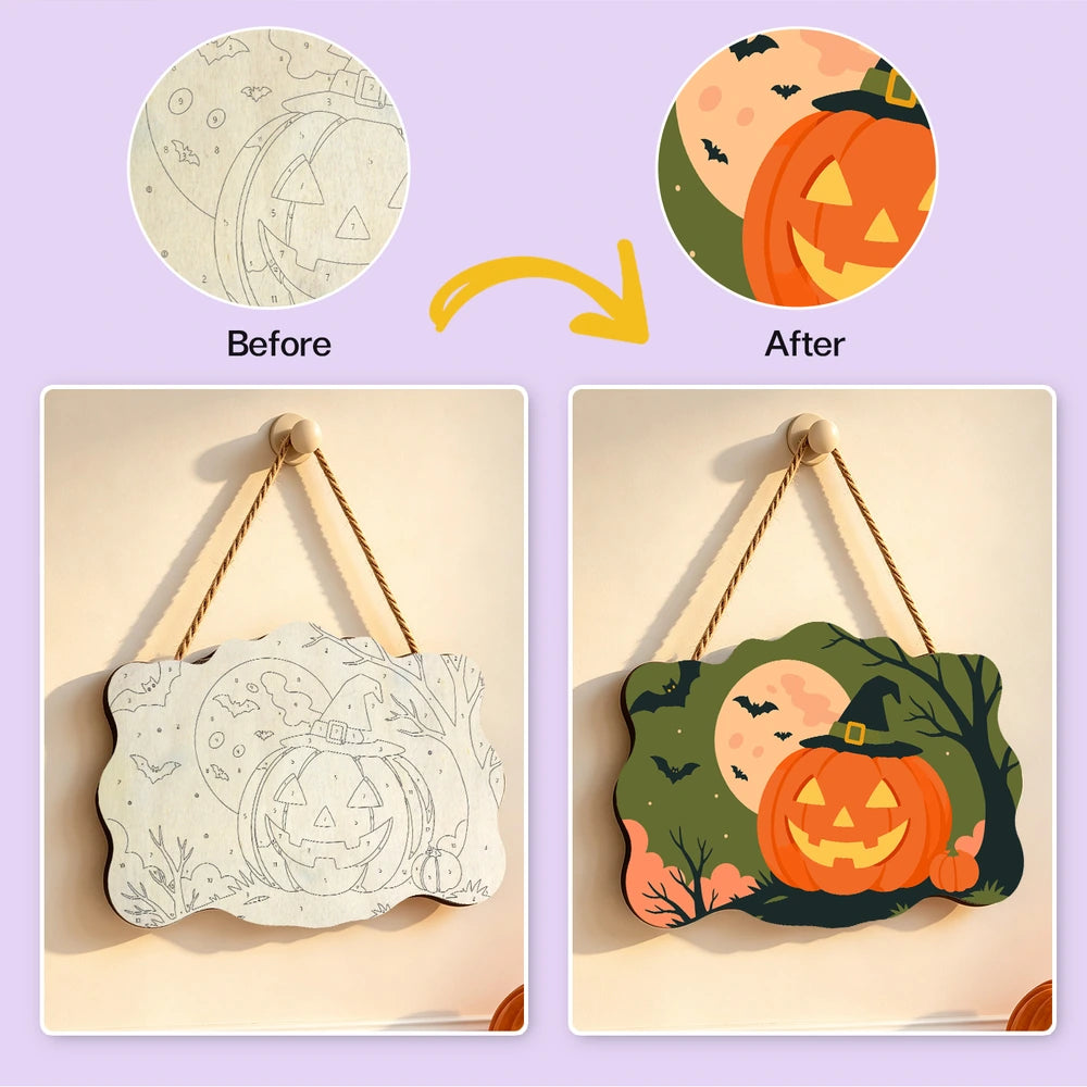 
Paint by Numbers - Wooden Door Hanger | Jack-o'-Lantern in a Witch Hat