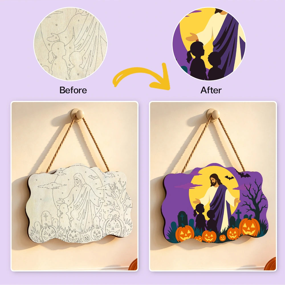 Paint by Numbers - Wooden Door Hanger | Jesus Blessing the Children at Halloween