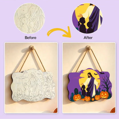 Paint by Numbers - Wooden Door Hanger | Jesus Blessing the Children at Halloween