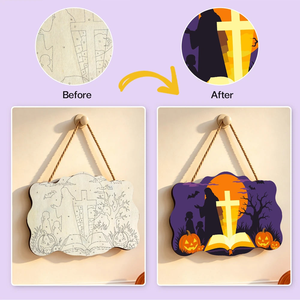 Paint by Numbers - Wooden Door Hanger | Jesus with Children and the Golden Cross