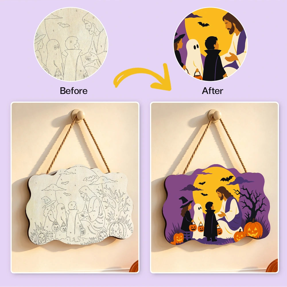 Paint by Numbers - Wooden Door Hanger | Jesus with Trick-or-Treaters