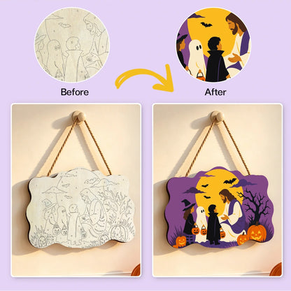 Paint by Numbers - Wooden Door Hanger | Jesus with Trick-or-Treaters