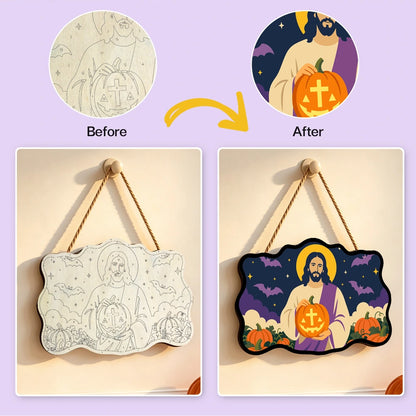 Paint by Numbers - Wooden Door Hanger | Jesus with a Cross Pumpkin