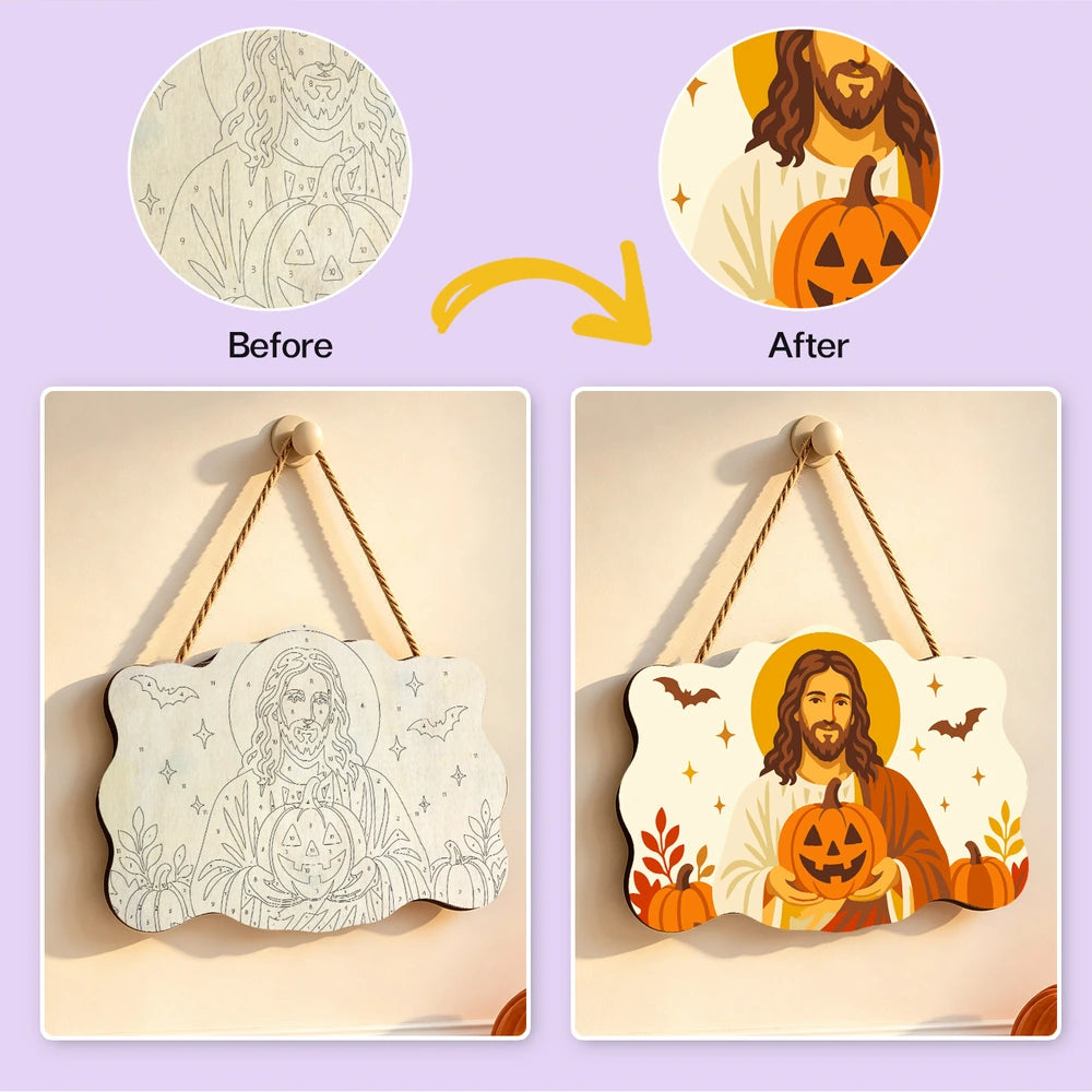 Paint by Numbers - Wooden Door Hanger | Jesus with a Jack-o'-Lantern in Autumn
