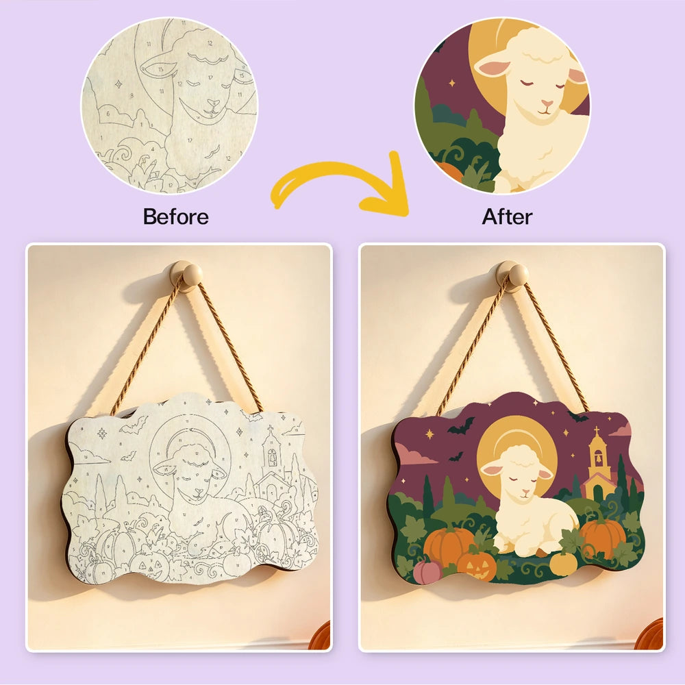 Paint by Numbers - Wooden Door Hanger | Lamb Resting in the Pumpkin Patch