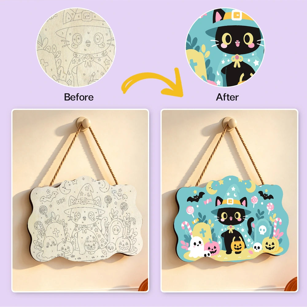 Paint by Numbers - Wooden Door Hanger | Little Black Cat with a Candy Bucket