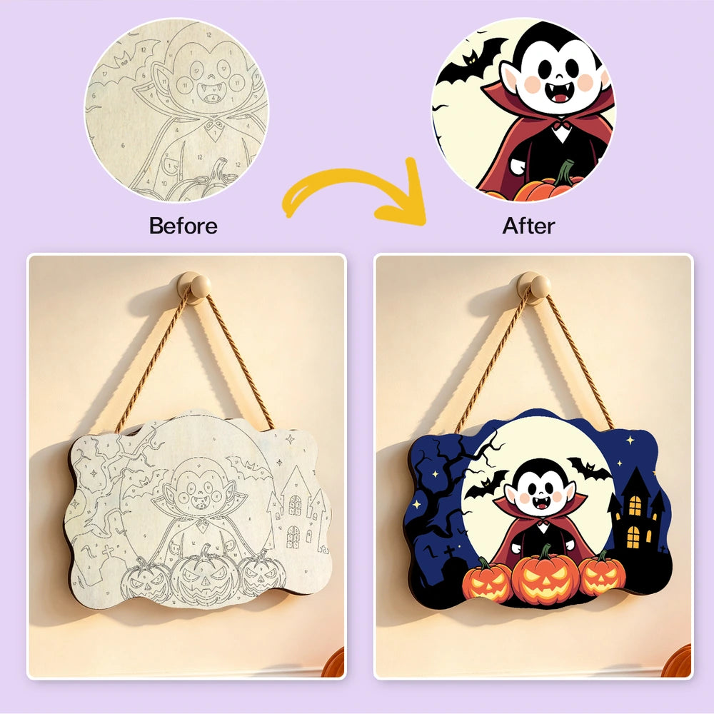 Paint by Numbers - Wooden Door Hanger | Little Vampire with Pumpkins
