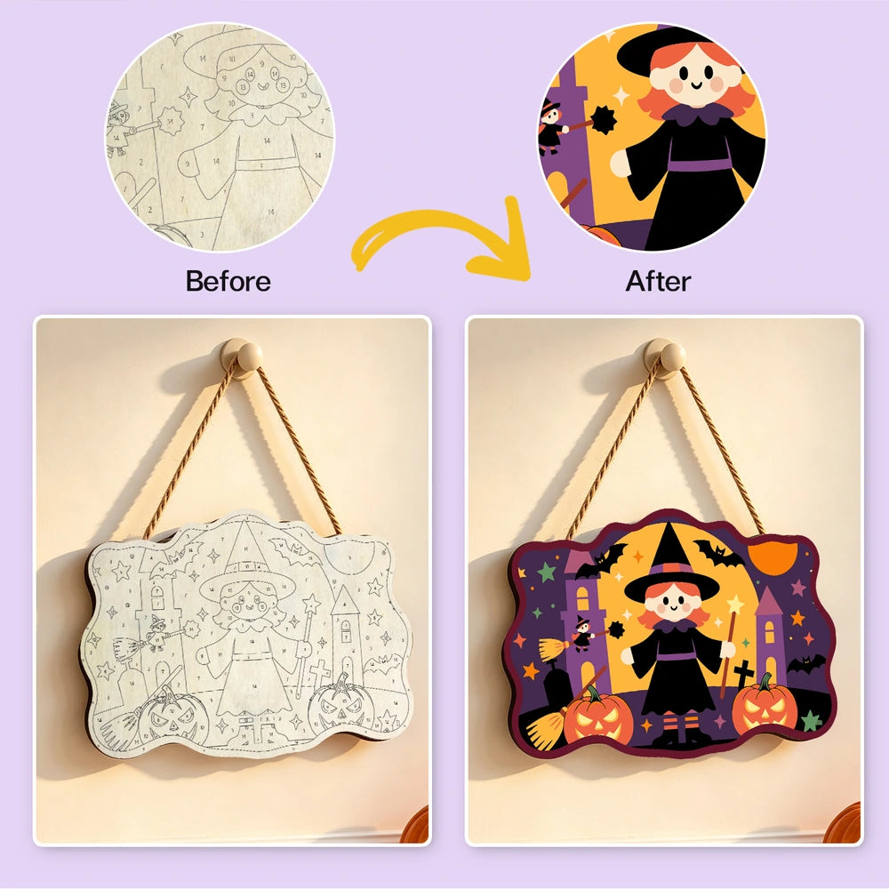 Paint by Numbers - Wooden Door Hanger | Little Witch with Pumpkins