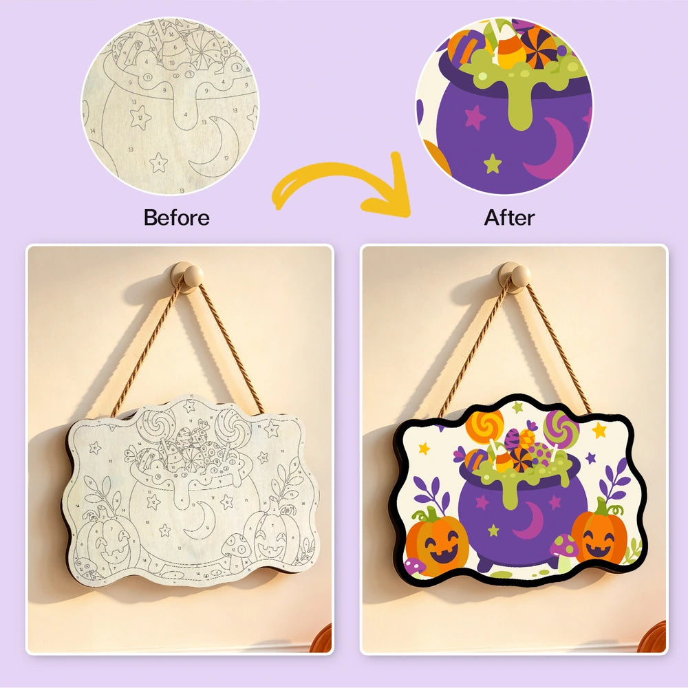 Paint by Numbers - Wooden Door Hanger | Lollipop Cauldron with Pumpkins
