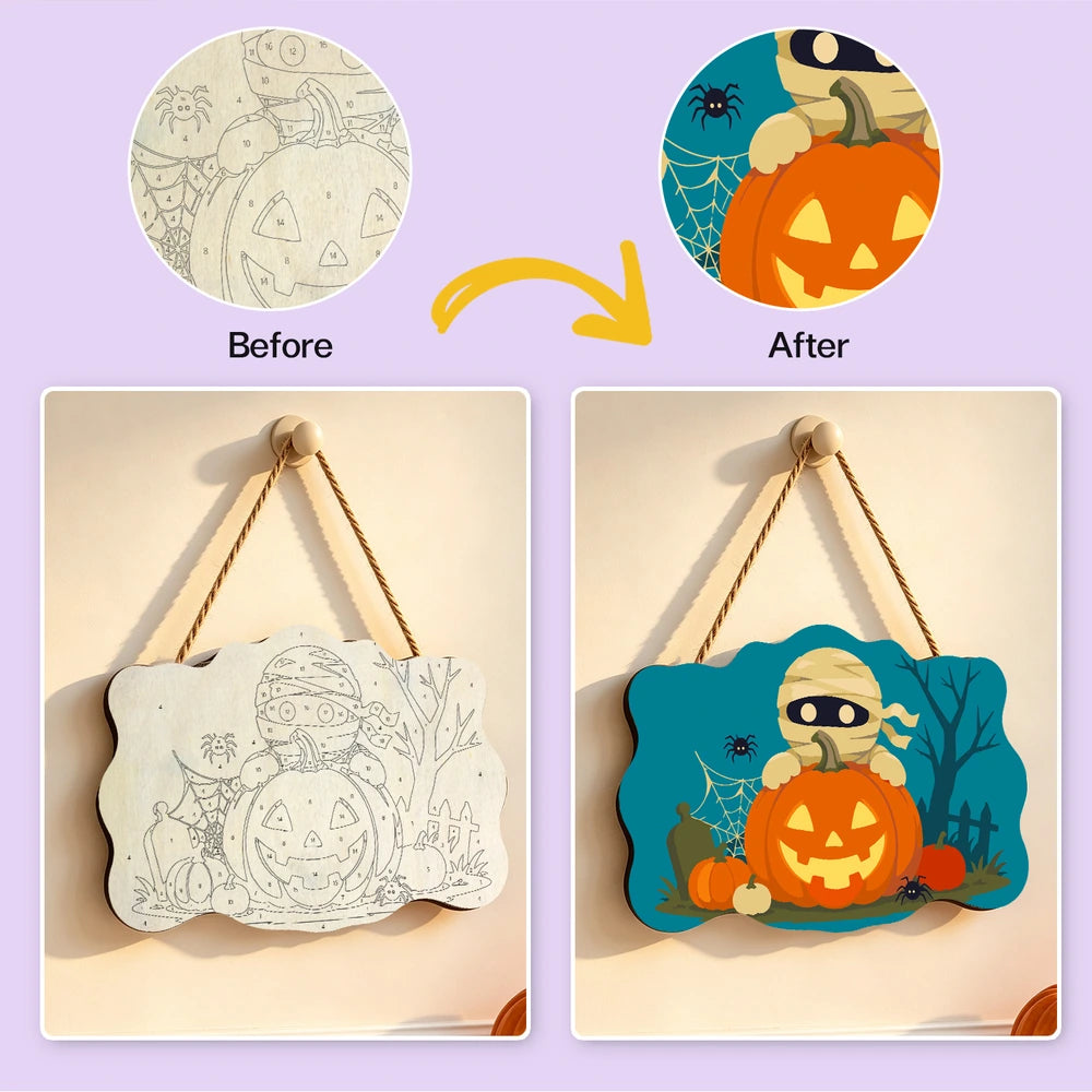 Paint by Numbers - Wooden Door Hanger | Mummy Behind a Jack-o'-Lantern