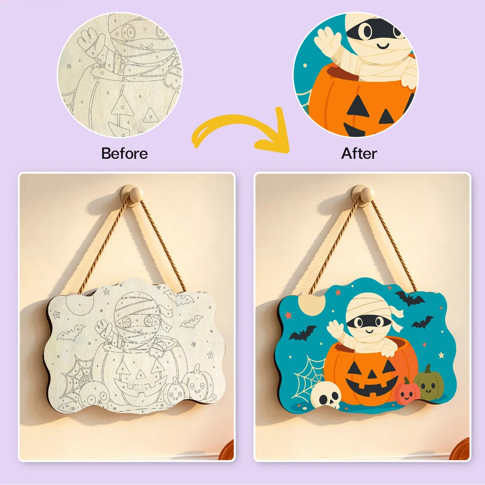 
Paint by Numbers - Wooden Door Hanger | Mummy in a Jack-o'-Lantern