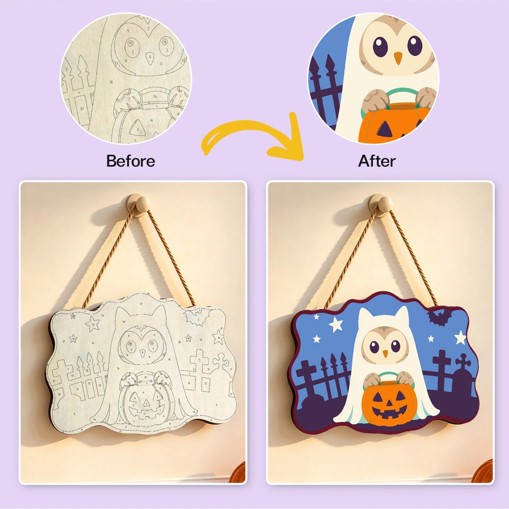 Paint by Numbers - Wooden Door Hanger | Owl Ghost with a Pumpkin