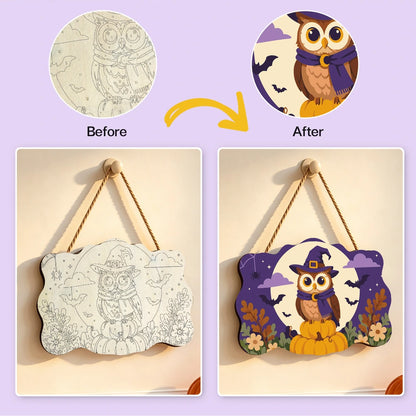Paint by Numbers - Wooden Door Hanger | Owl in a Witch Hat in the Moon
