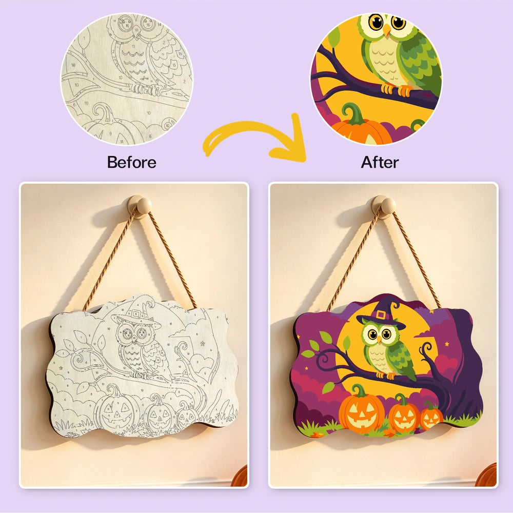 Paint by Numbers - Wooden Door Hanger | Owl in a Witch Hat on a Branch