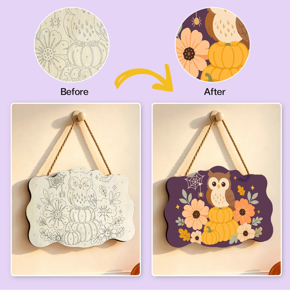 Paint by Numbers - Wooden Door Hanger | Owl on Pumpkins with Flowers