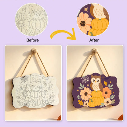 Paint by Numbers - Wooden Door Hanger | Owl on Pumpkins with Flowers