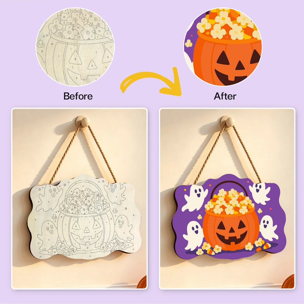 Paint by Numbers - Wooden Door Hanger | Popcorn Pumpkin Bucket with Ghosts