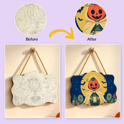 Paint by Numbers - Wooden Door Hanger | Pumpkin Reaper with a Lantern