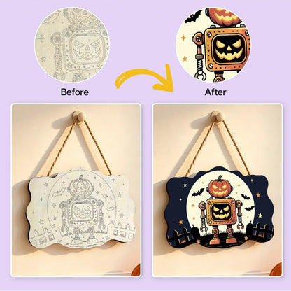 Paint by Numbers - Wooden Door Hanger | Pumpkin Robot Under the Moon