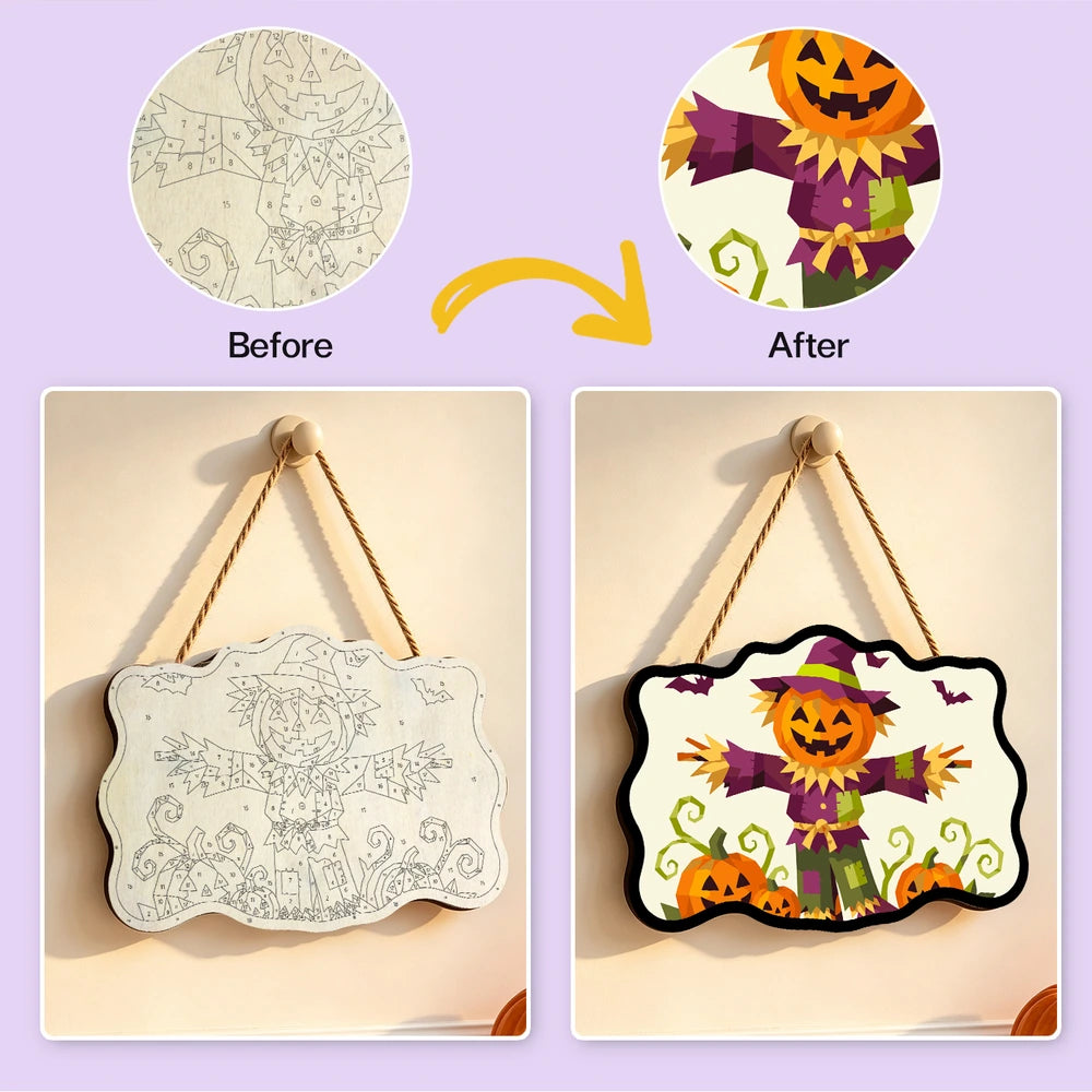 Paint by Numbers - Wooden Door Hanger | Pumpkin Scarecrow in Geometric Style