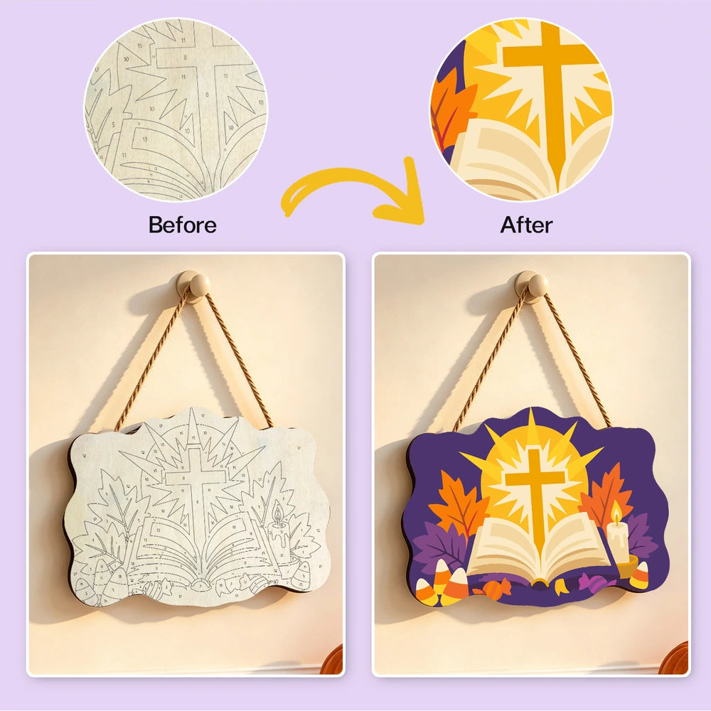 Paint by Numbers - Wooden Door Hanger | Shining Cross Over the Open Bible