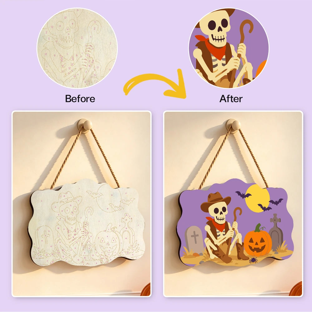 Paint by Numbers - Wooden Door Hanger | Skeleton Cowboy in the Graveyard