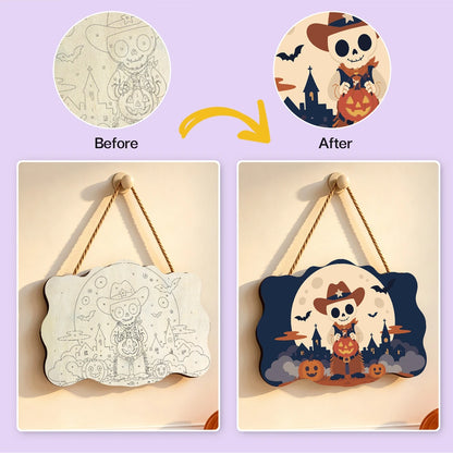 Paint by Numbers - Wooden Door Hanger | Skeleton Cowboy with a Pumpkin