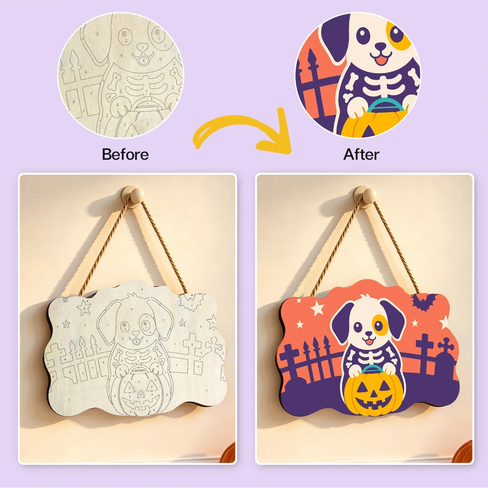 
Paint by Numbers - Wooden Door Hanger | Skeleton Puppy with a Pumpkin