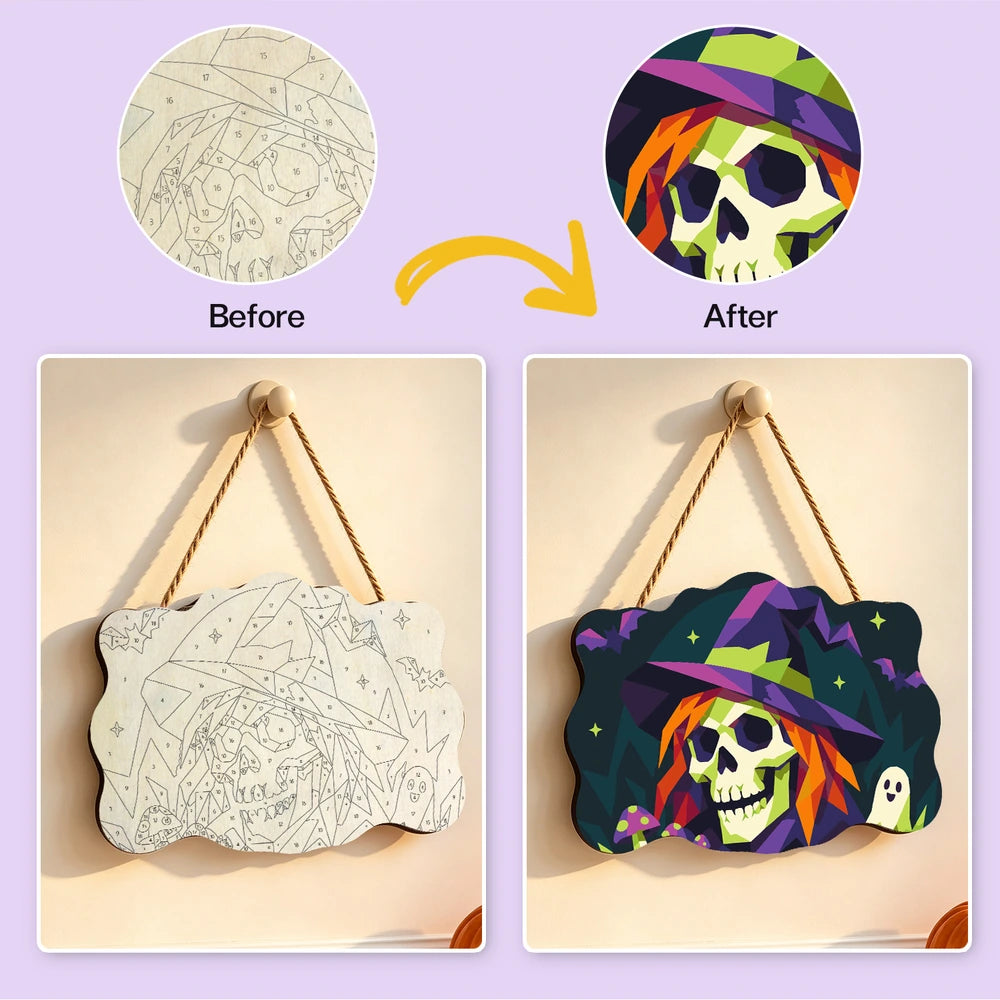 Paint by Numbers - Wooden Door Hanger | Skull Witch in Geometric Style