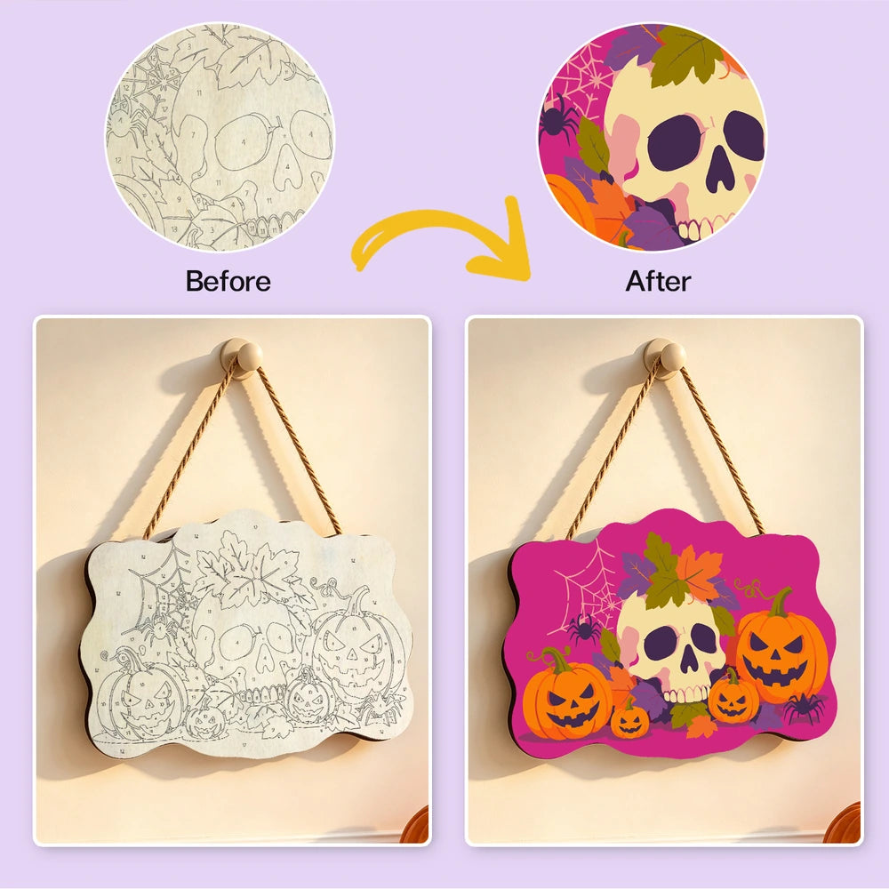 Paint by Numbers - Wooden Door Hanger | Skull with Autumn Leaves and Pumpkins