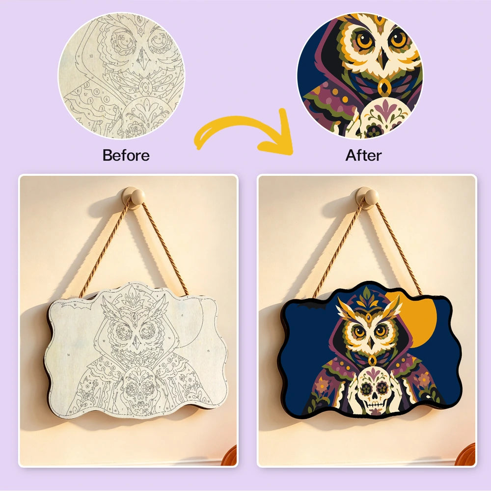 Paint by Numbers - Wooden Door Hanger | Sugar Skull Owl in a Hood