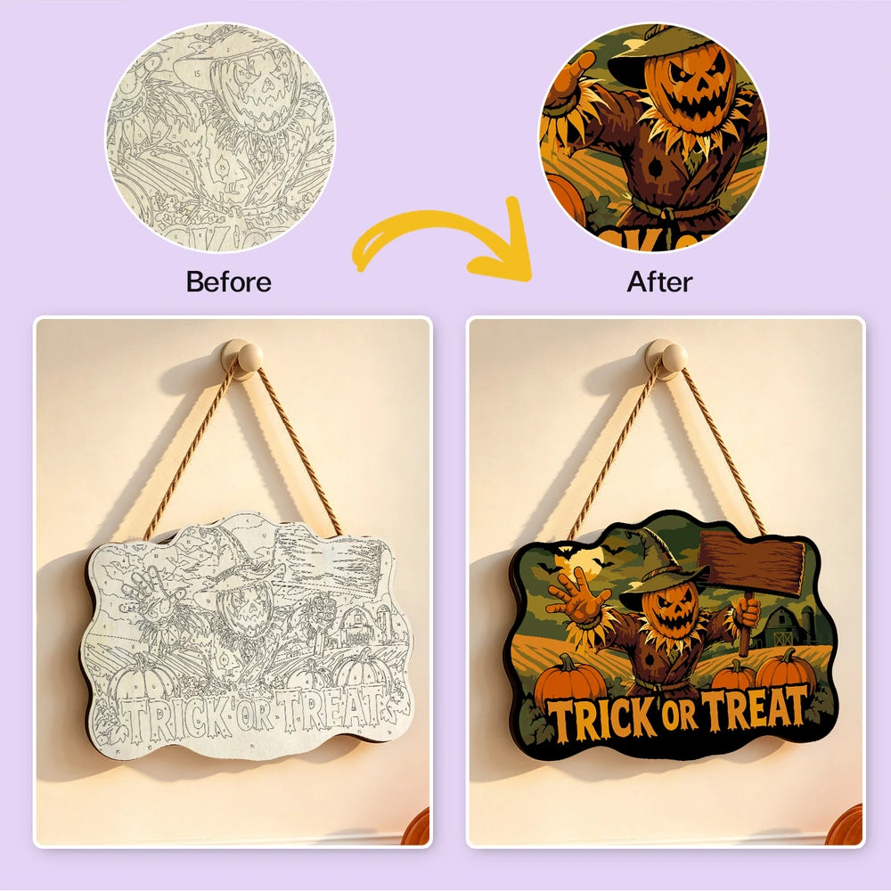 Paint by Numbers - Wooden Door Hanger | Trick or Treat Scarecrow with a Sign