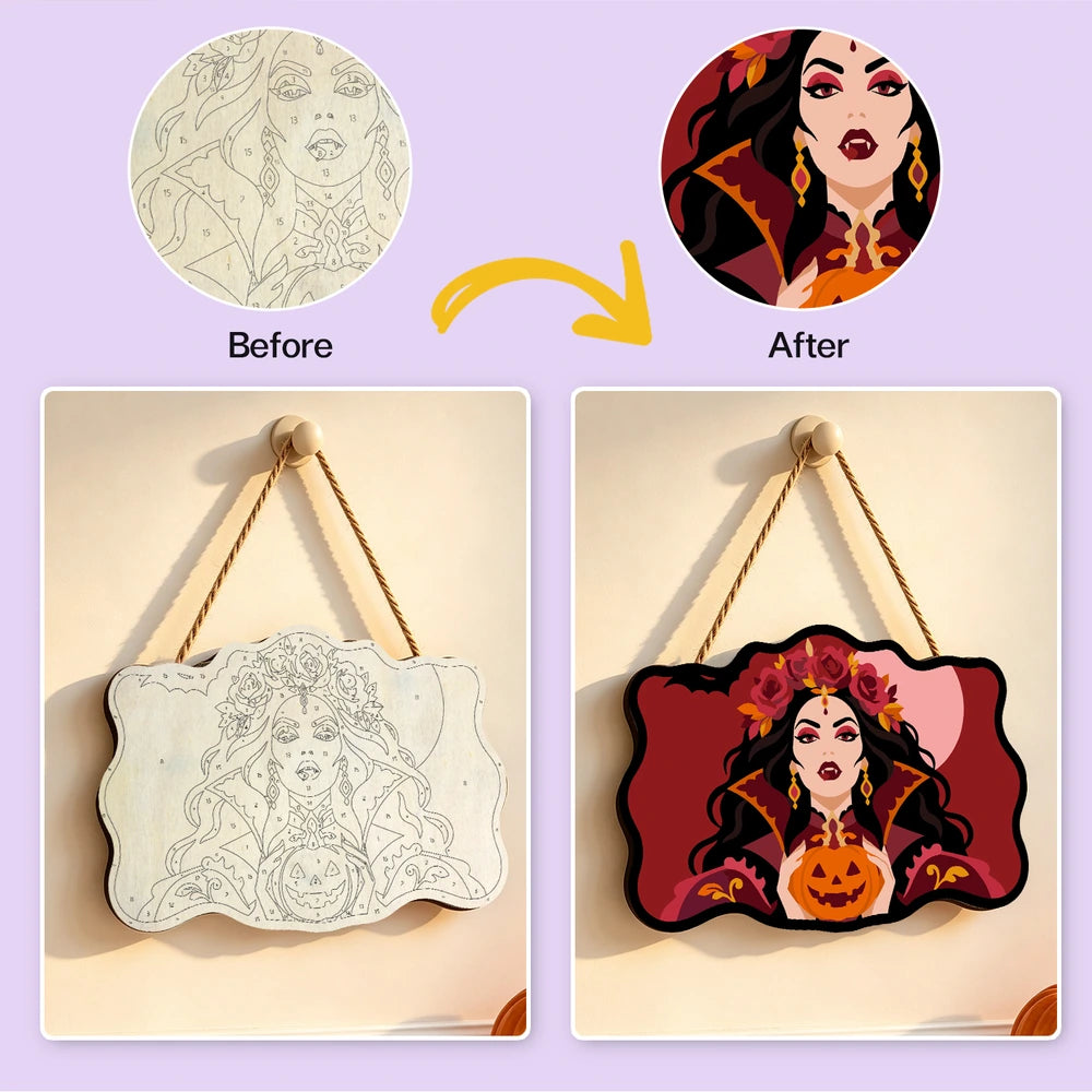 Paint by Numbers - Wooden Door Hanger | Vampire Queen with a Jack-o'-Lantern