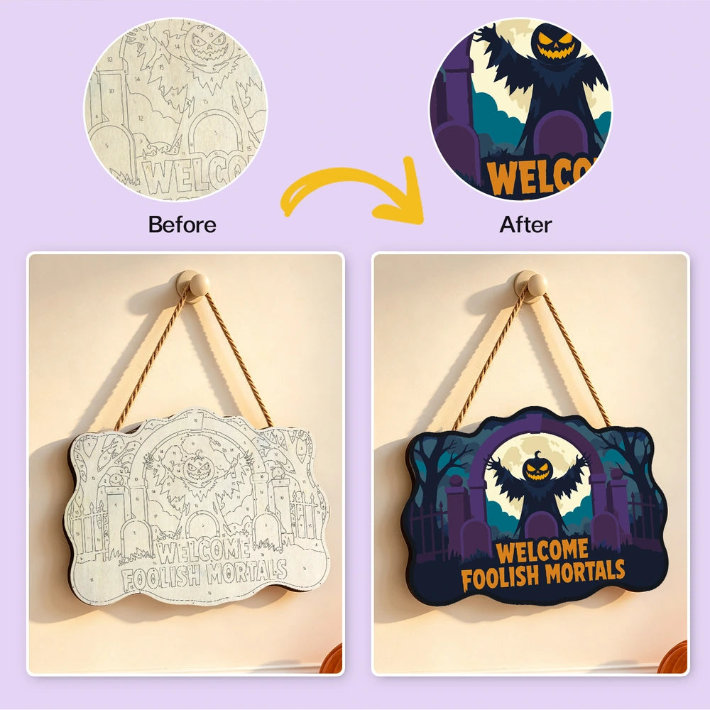Paint by Numbers - Wooden Door Hanger | Welcome Foolish Mortals Pumpkin Bat