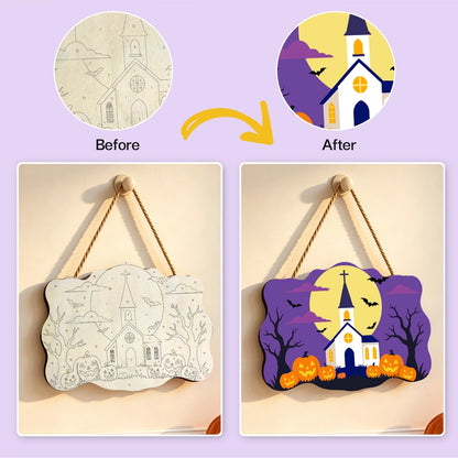 Paint by Numbers - Wooden Door Hanger | White Church Under the Full Moon