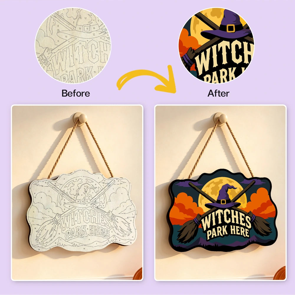 Paint by Numbers - Wooden Door Hanger | Witches Park Here Crossed Brooms