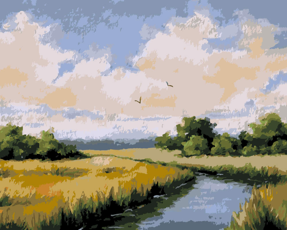 Paint by Numbers – Quiet Meadow Stream under Clouds - by Mariia Sukalova
