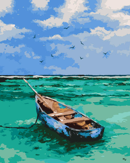 Paint by Numbers - Turquoise Boat at Sea - by Mariia Sukalova