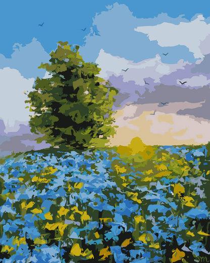 Paint by Numbers - Lone Tree and Blue Flowers - by Mariia Sukalova