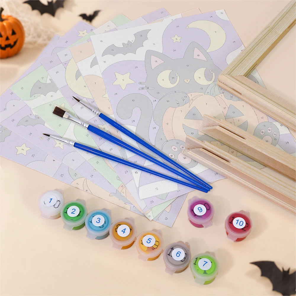 Paint by Numbers – 6 Mini Paintings | Black Cats on Jack-o'-Lanterns Set