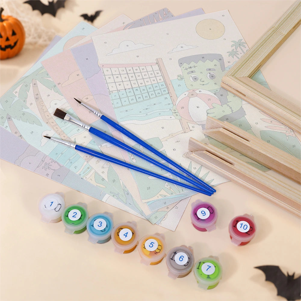 Paint by Numbers – 6 Mini Paintings | Monsters on Beach Vacation Set