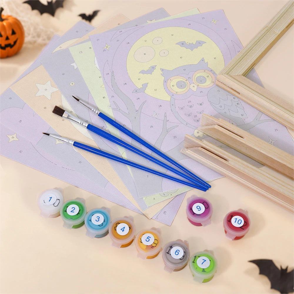 Paint by Numbers – 6 Mini Paintings | Owl, Cat and Dancing Skeleton Set