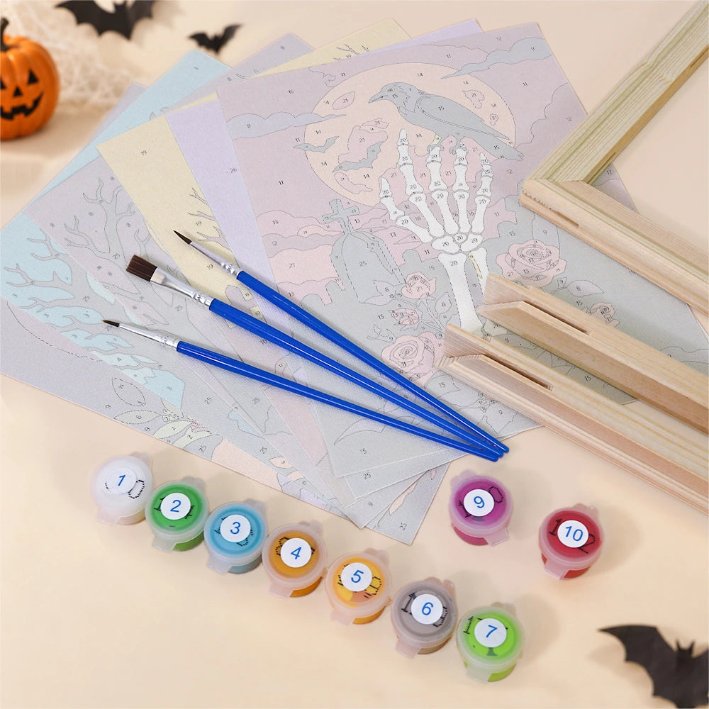 
Paint by Numbers – 6 Mini Paintings | Skulls and Pumpkins by Moonlight Set