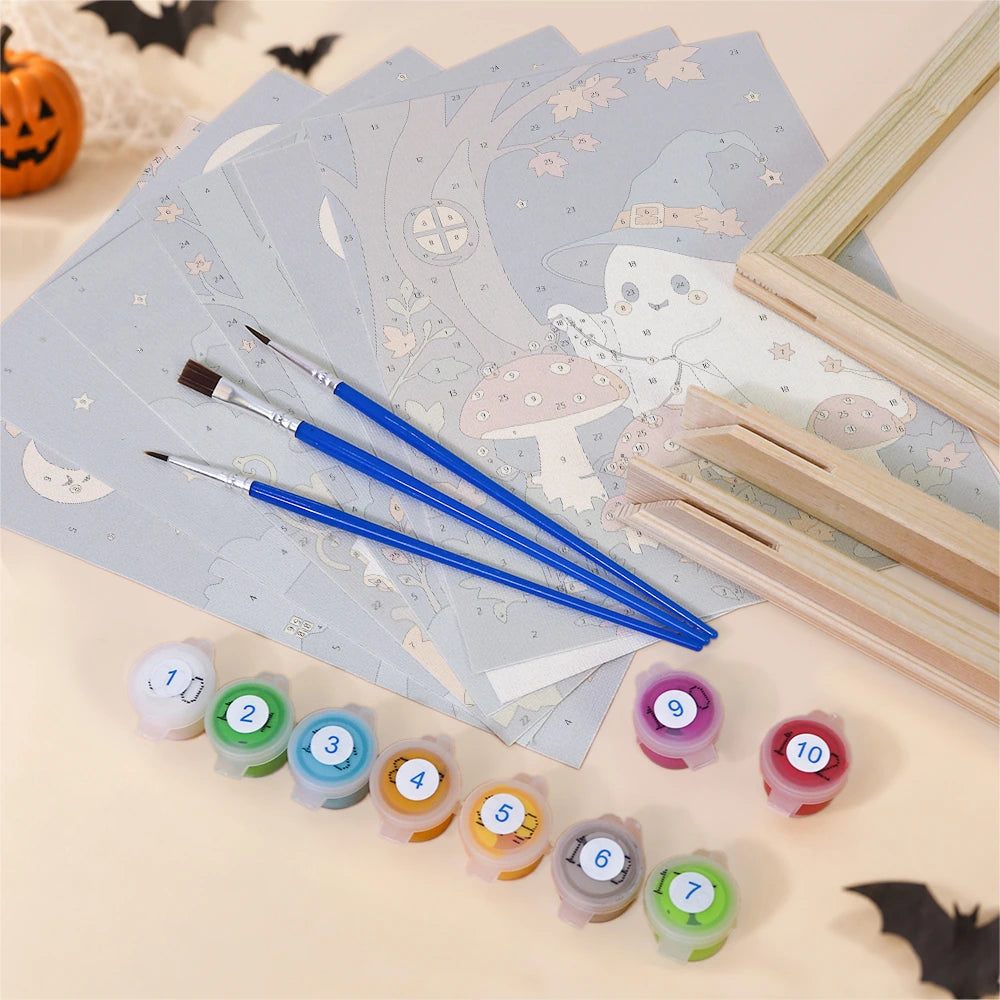 
Paint by Numbers – 6 Mini Paintings | Witch Hat Ghosts at Night Set