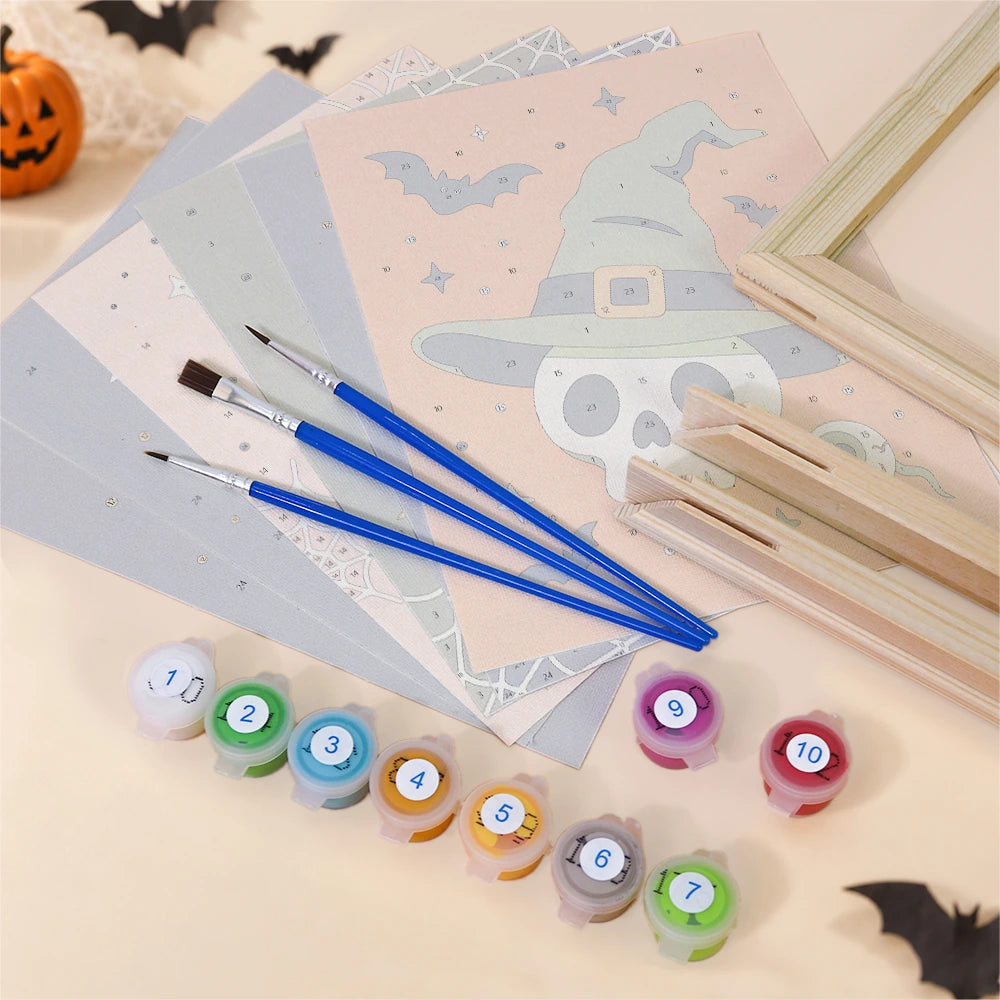 Paint by Numbers – 6 Mini Paintings | Witch Hat Skull and Broomstick Set