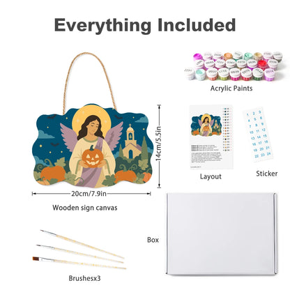 Paint by Numbers - Wooden Door Hanger | Angel with a Jack-o'-Lantern by the Church