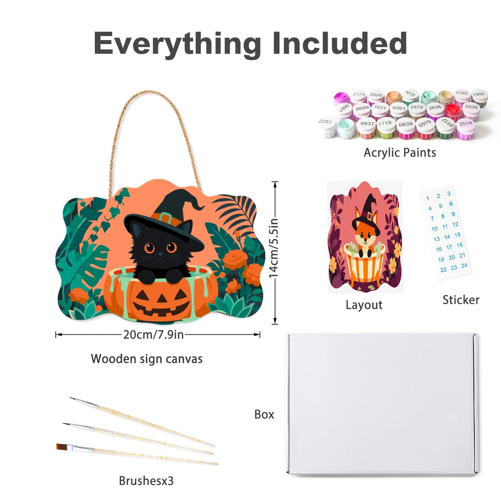Paint by Numbers - Wooden Door Hanger | Black Cat Witch in a Pumpkin Tub