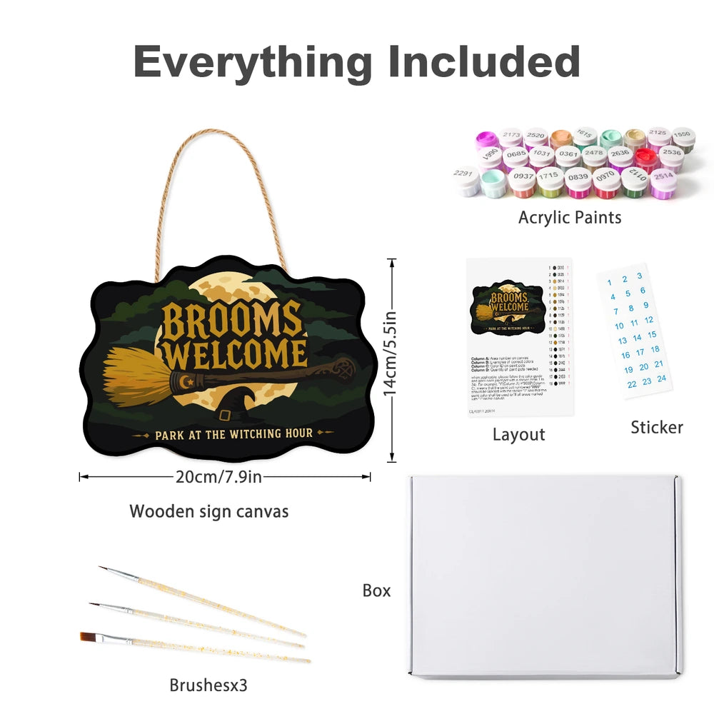Paint by Numbers - Wooden Door Hanger | Brooms Welcome at the Witching Hour