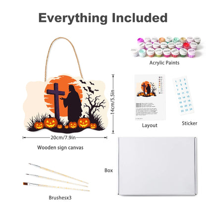 Paint by Numbers - Wooden Door Hanger | Cross at Sunset with Pumpkins