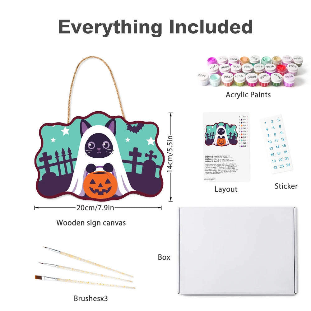Paint by Numbers - Wooden Door Hanger | Ghost Cat with a Pumpkin